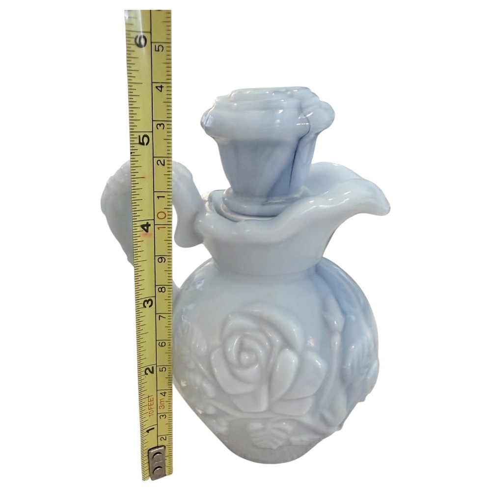 Vintage Avon Blue Slag Glass Rose Pitcher with Stopper Marbled Milk Glass 5.5"